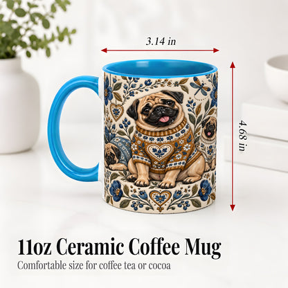 #pl[11oz|Blue] Pug Floral Accent Mug, Ceramic Mug with Cozy Sweater Artwork