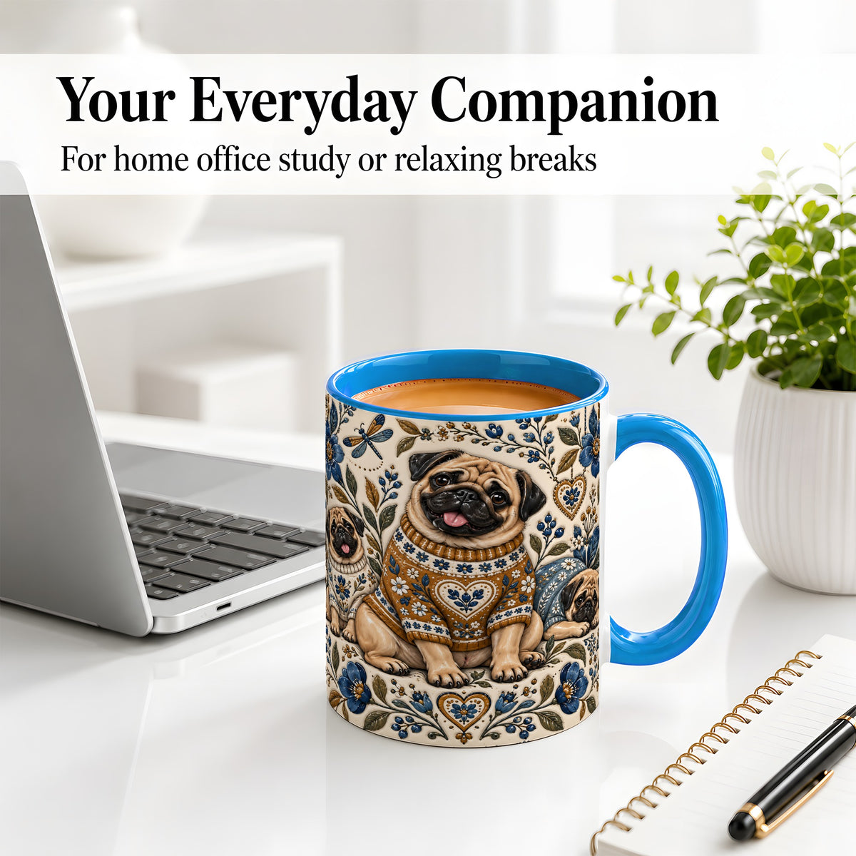 #pl[11oz|Blue] Pug Floral Accent Mug, Ceramic Mug with Cozy Sweater Artwork