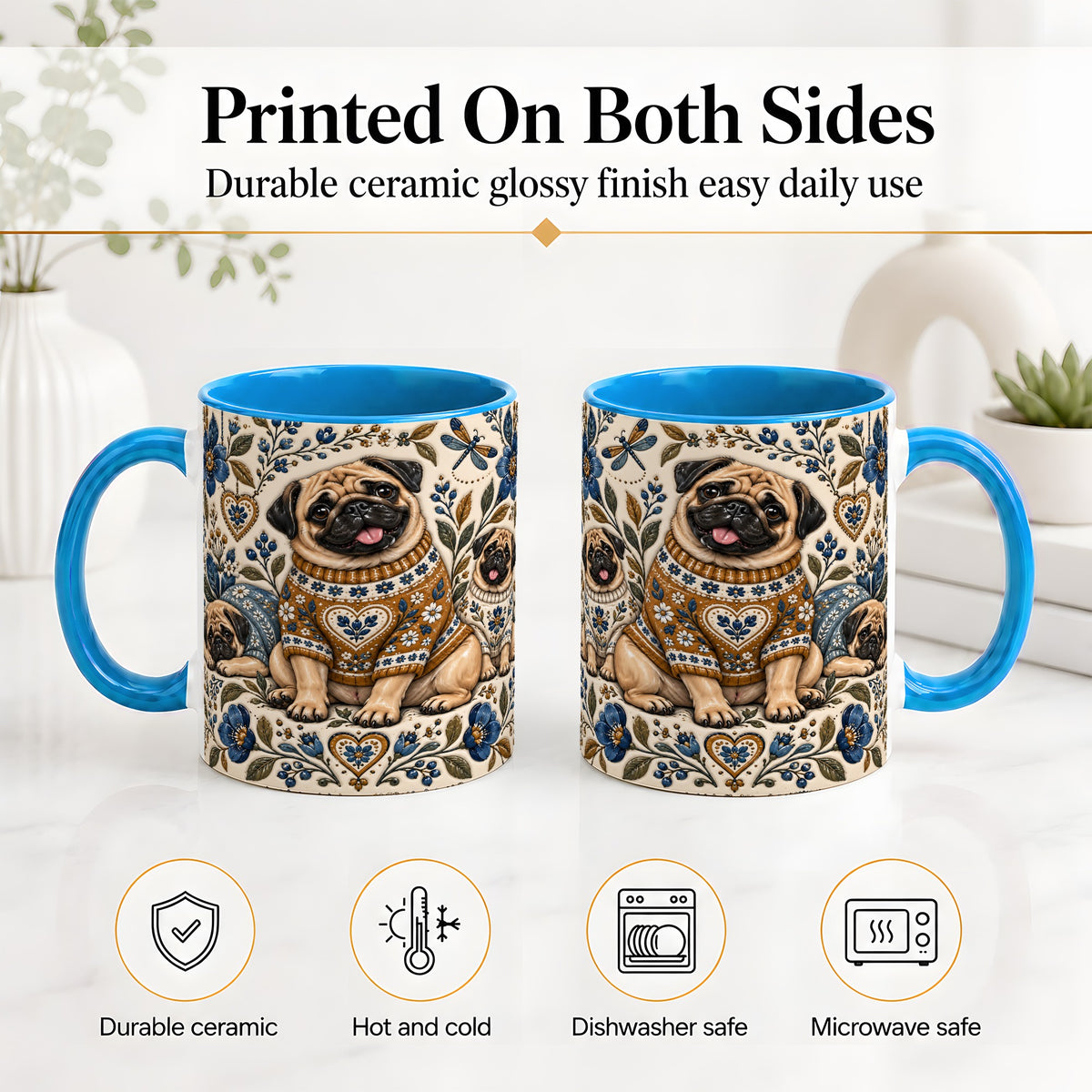 #pl[11oz|Blue] Pug Floral Accent Mug, Ceramic Mug with Cozy Sweater Artwork