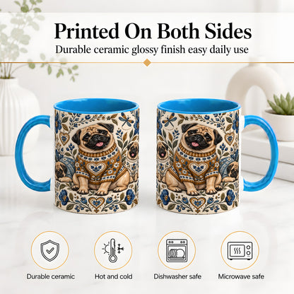 #pl[11oz|Blue] Pug Floral Accent Mug, Ceramic Mug with Cozy Sweater Artwork