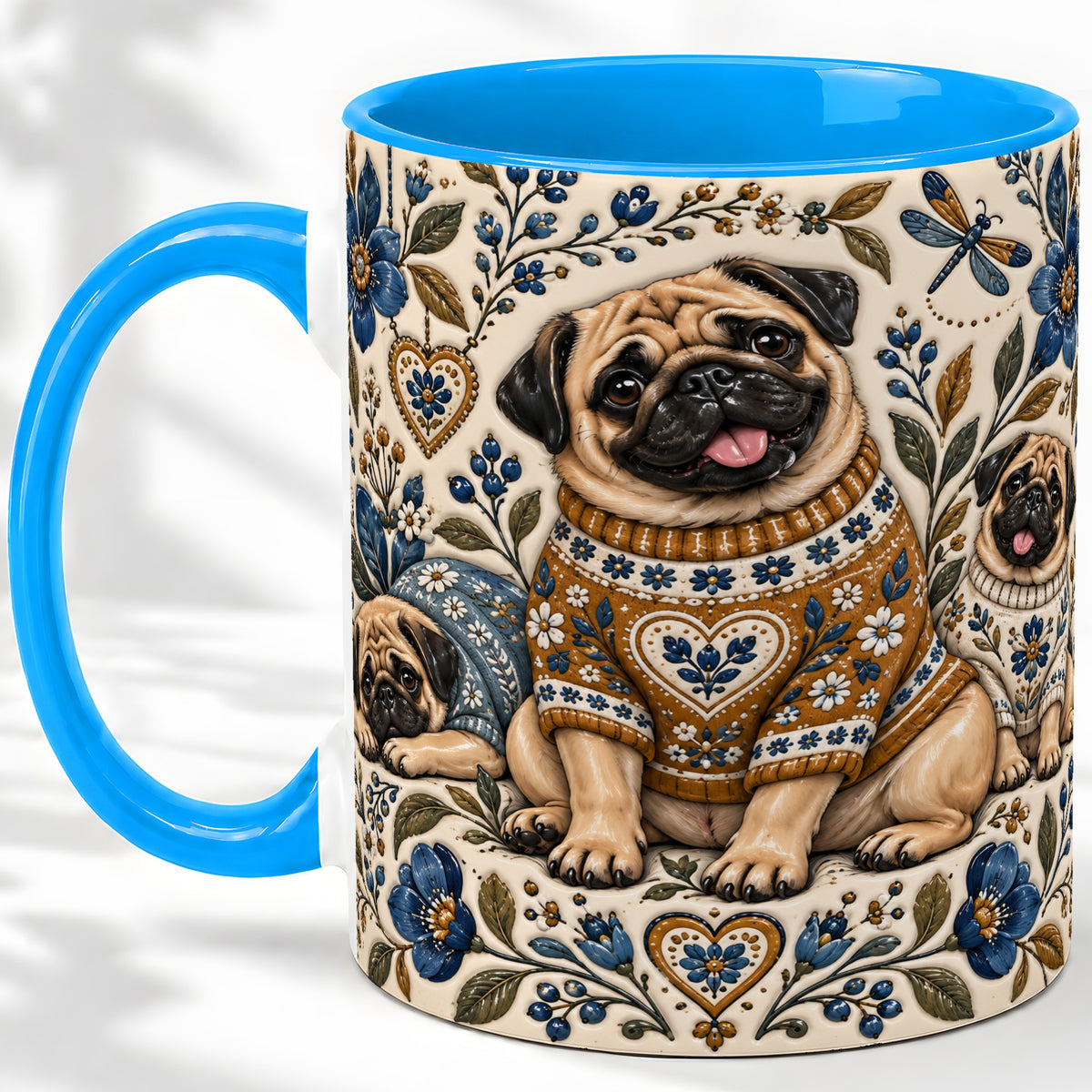 #pl[11oz|Blue] Pug Floral Accent Mug, Ceramic Mug with Cozy Sweater Artwork
