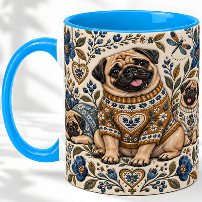 #pl[11oz|Blue] Pug Floral Accent Mug, Ceramic Mug with Cozy Sweater Artwork