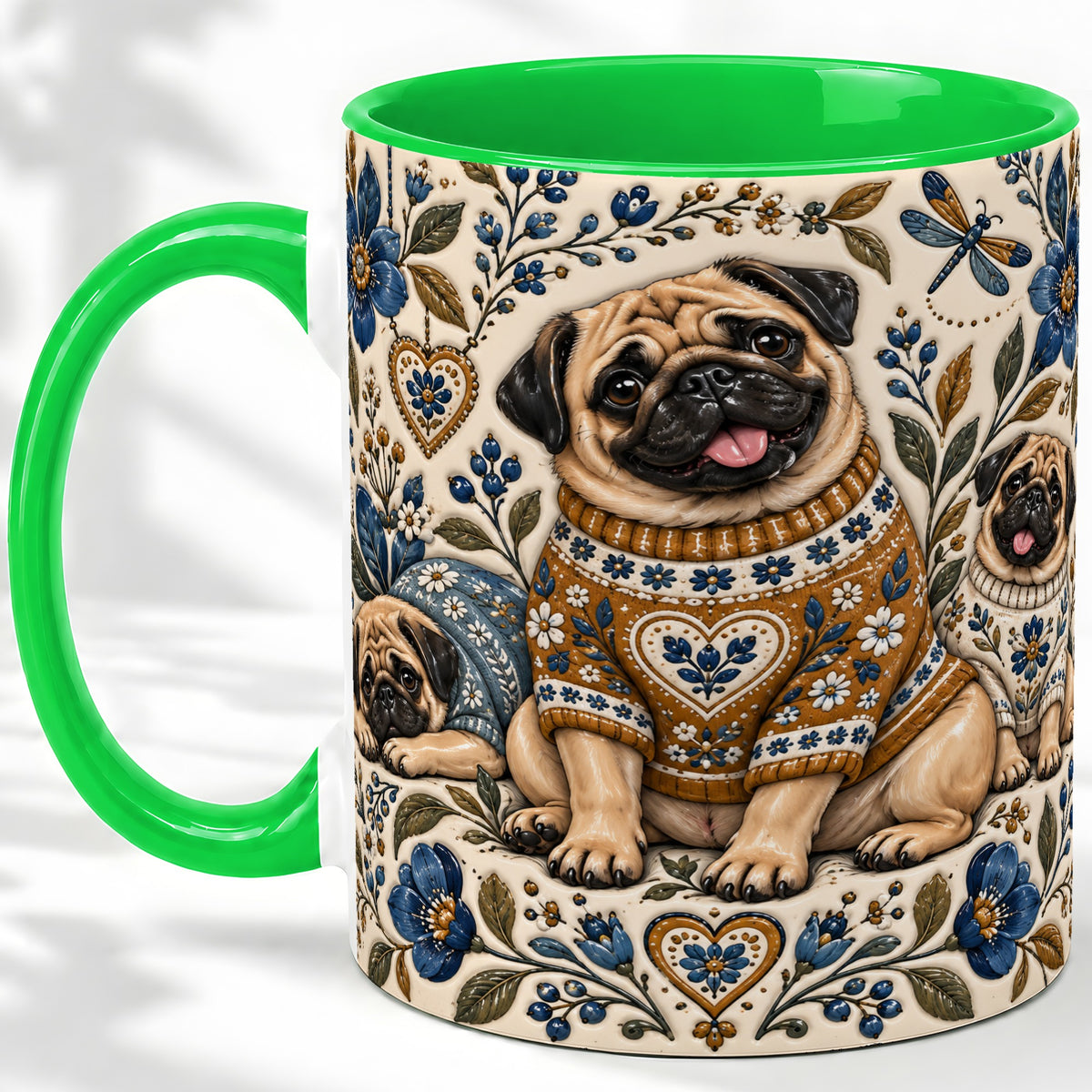 #pl[11oz|Green] Pug Floral Accent Mug, Ceramic Mug with Cozy Sweater Artwork