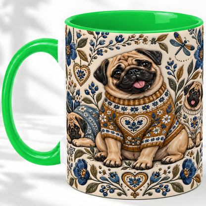 #pl[11oz|Green] Pug Floral Accent Mug, Ceramic Mug with Cozy Sweater Artwork