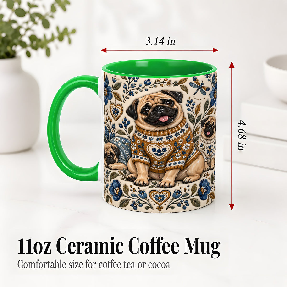 #pl[11oz|Green] Pug Floral Accent Mug, Ceramic Mug with Cozy Sweater Artwork