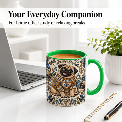 #pl[11oz|Green] Pug Floral Accent Mug, Ceramic Mug with Cozy Sweater Artwork