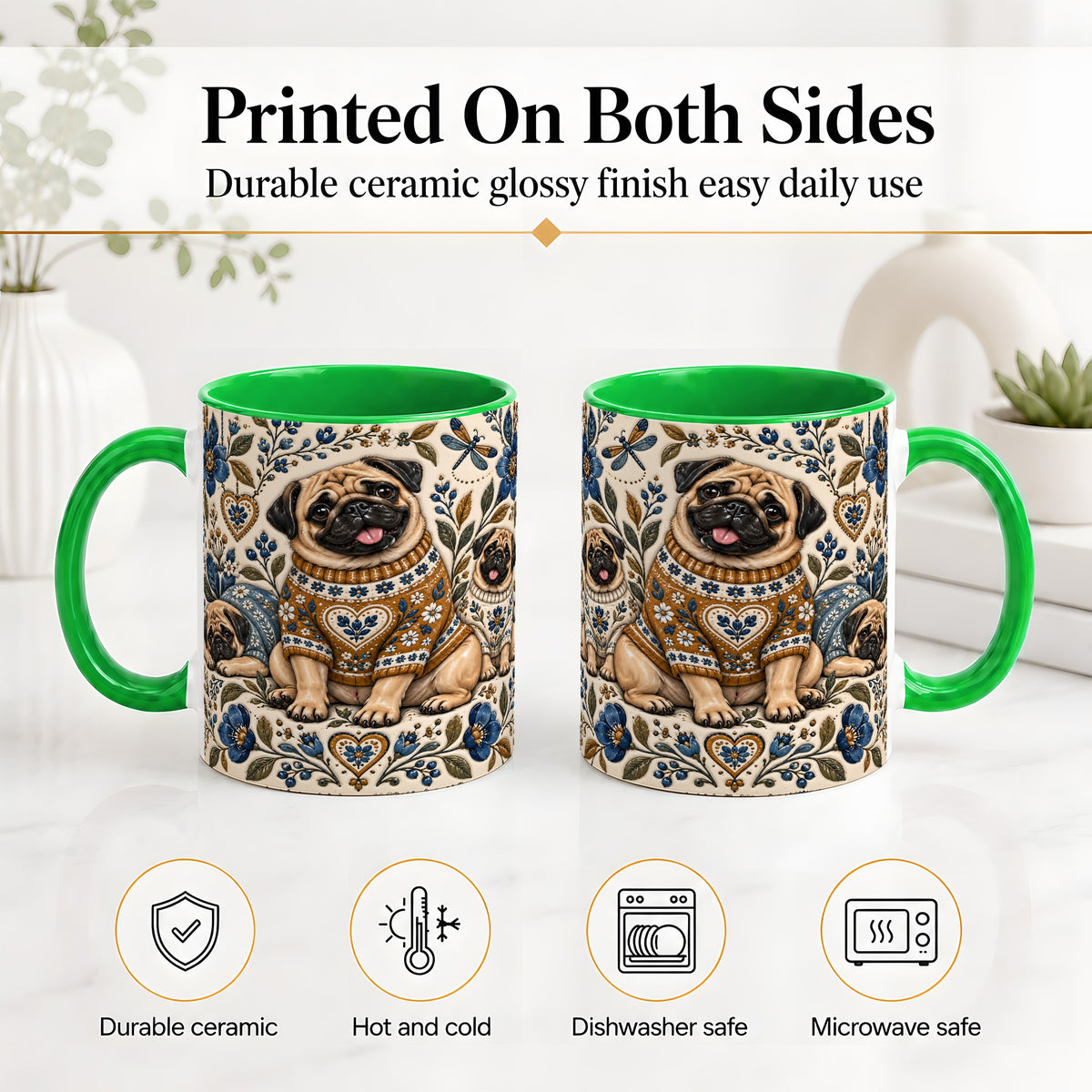 #pl[11oz|Green] Pug Floral Accent Mug, Ceramic Mug with Cozy Sweater Artwork