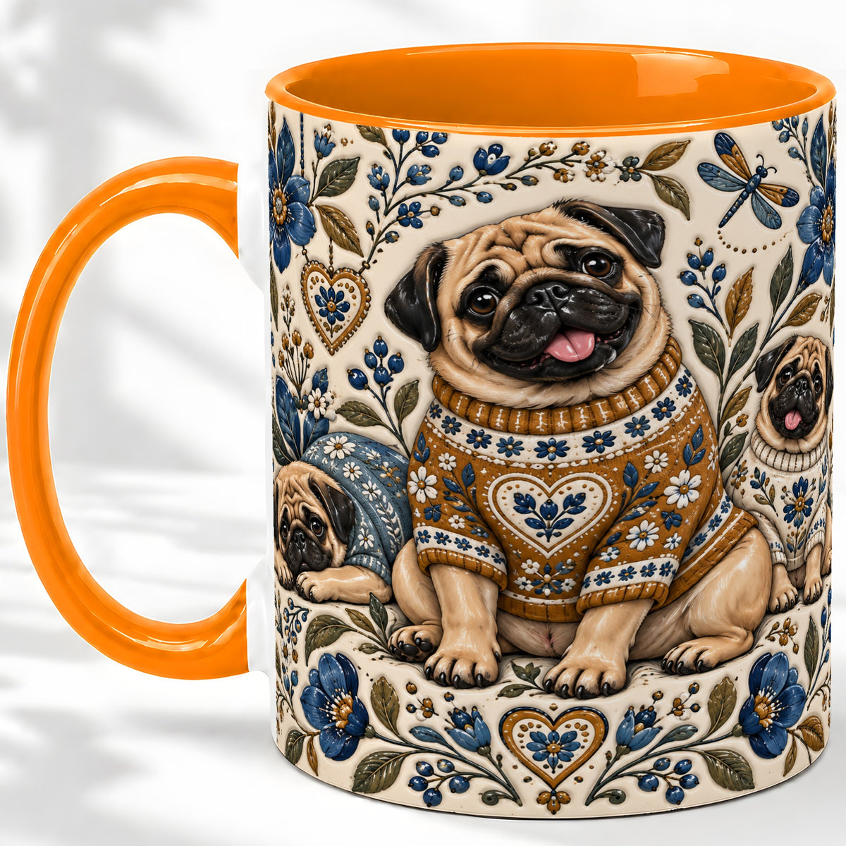 #pl[11oz|Orange] Pug Floral Accent Mug, Ceramic Mug with Cozy Sweater Artwork