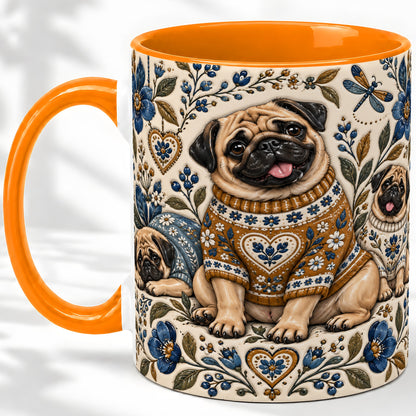 #pl[11oz|Orange] Pug Floral Accent Mug, Ceramic Mug with Cozy Sweater Artwork