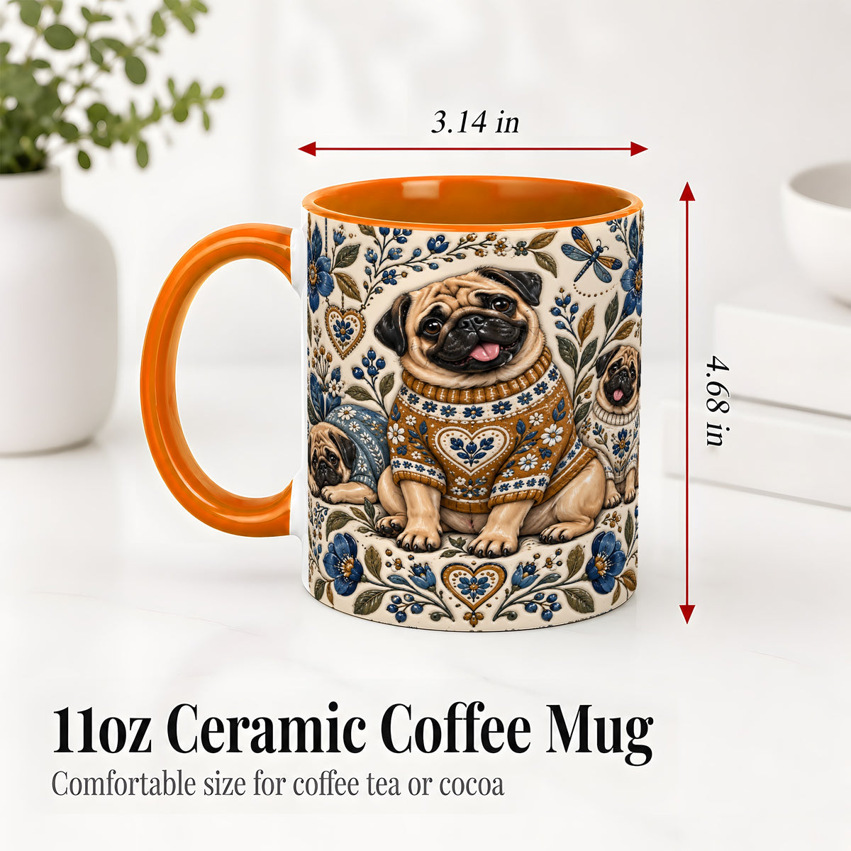 #pl[11oz|Orange] Pug Floral Accent Mug, Ceramic Mug with Cozy Sweater Artwork