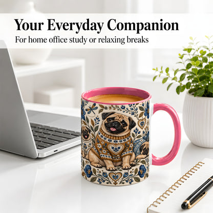 #pl[11oz|Pink] Pug Floral Accent Mug, Ceramic Mug with Cozy Sweater Artwork