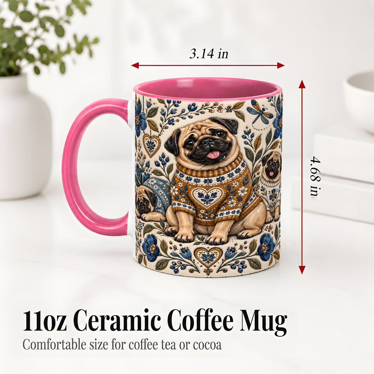 #pl[11oz|Pink] Pug Floral Accent Mug, Ceramic Mug with Cozy Sweater Artwork