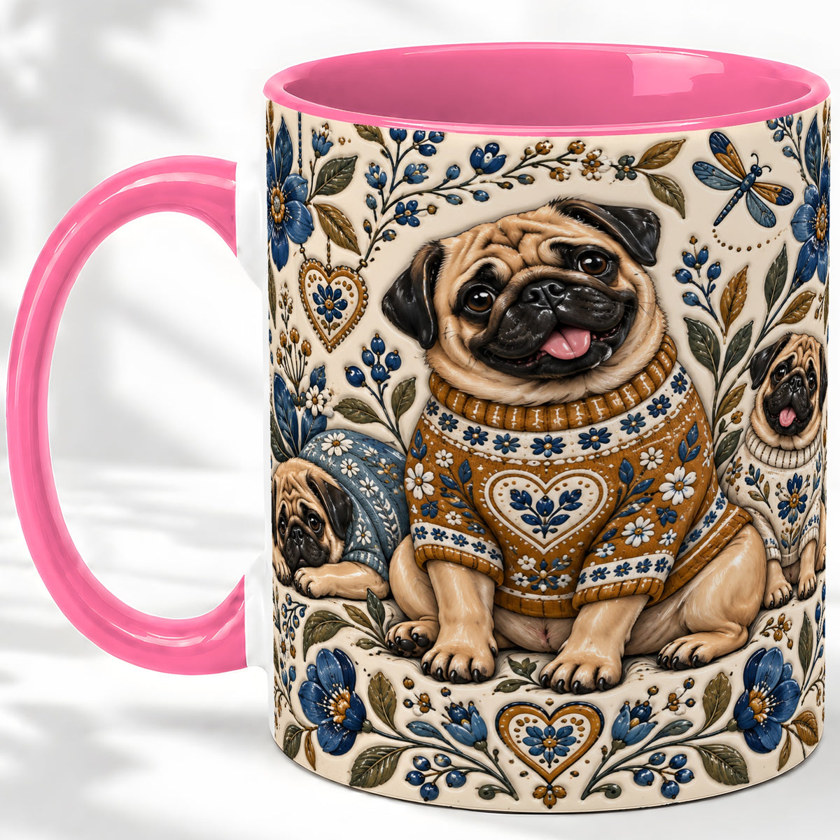 #pl[11oz|Pink] Pug Floral Accent Mug, Ceramic Mug with Cozy Sweater Artwork