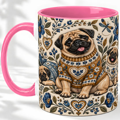 #pl[11oz|Pink] Pug Floral Accent Mug, Ceramic Mug with Cozy Sweater Artwork