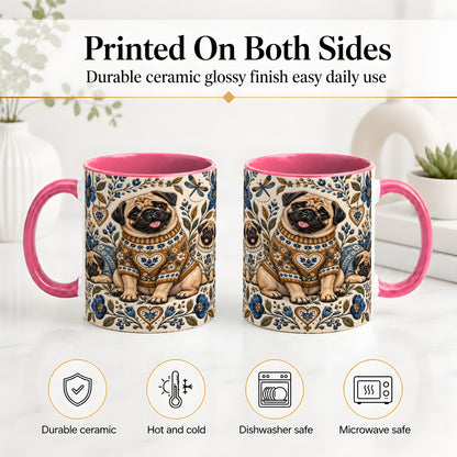 #pl[11oz|Pink] Pug Floral Accent Mug, Ceramic Mug with Cozy Sweater Artwork