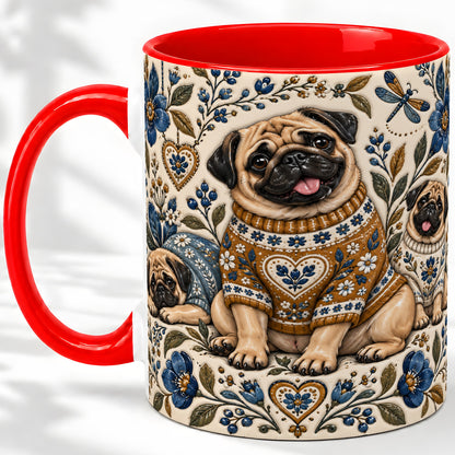 Pug Floral Accent Mug, Ceramic Mug with Cozy Sweater Artwork