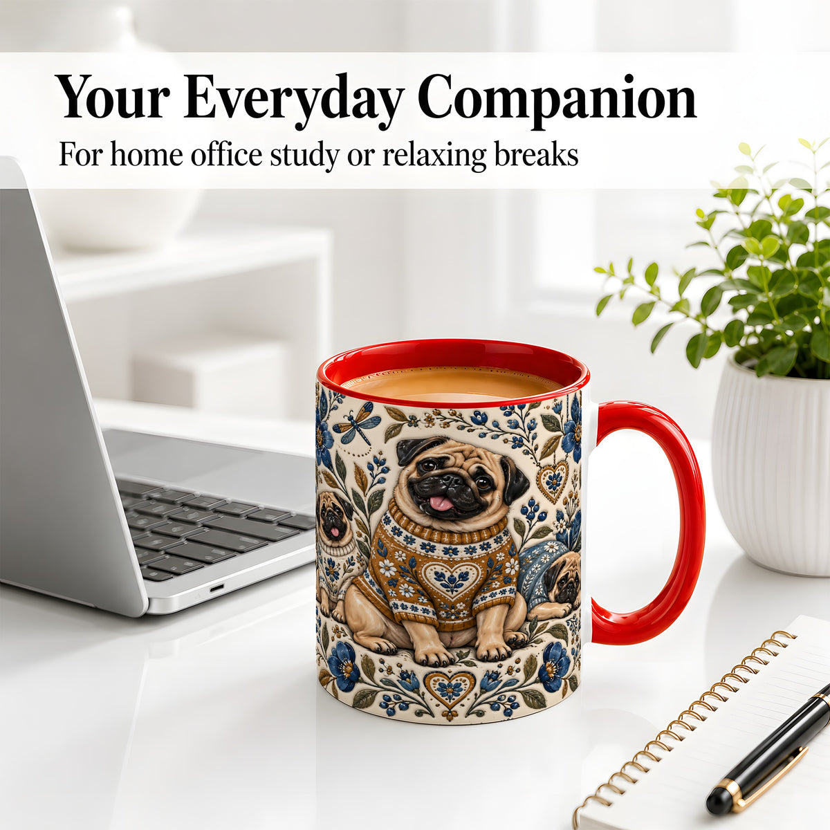 #pl[11oz|Red] Pug Floral Accent Mug, Ceramic Mug with Cozy Sweater Artwork