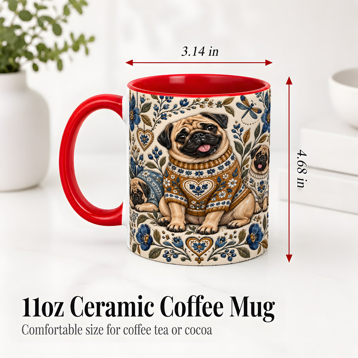 #pl[11oz|Red] Pug Floral Accent Mug, Ceramic Mug with Cozy Sweater Artwork