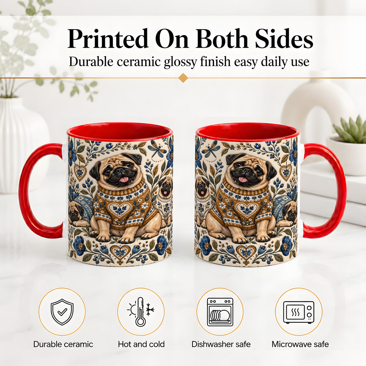 #pl[11oz|Red] Pug Floral Accent Mug, Ceramic Mug with Cozy Sweater Artwork