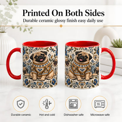 #pl[11oz|Red] Pug Floral Accent Mug, Ceramic Mug with Cozy Sweater Artwork