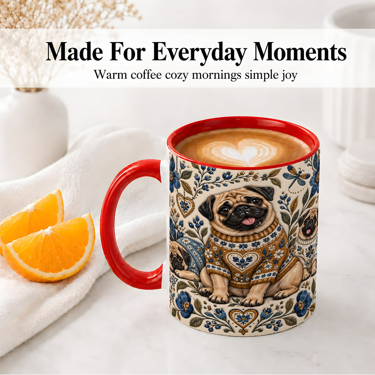 #pl[11oz|Red] Pug Floral Accent Mug, Ceramic Mug with Cozy Sweater Artwork