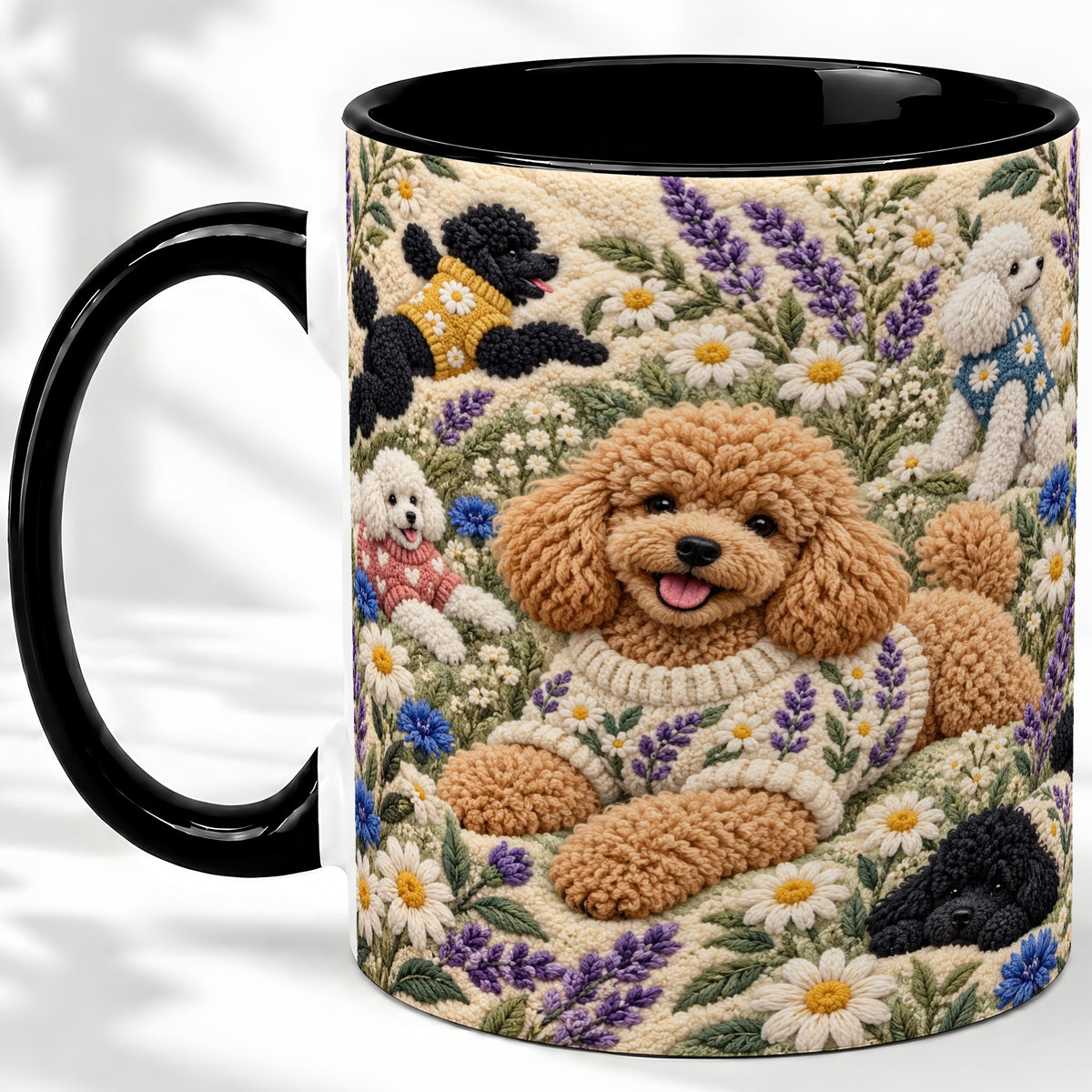 #pl[11oz|Black] Poodle Floral Accent Mug, Ceramic Mug with Crochet Style Artwork
