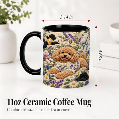 #pl[11oz|Black] Poodle Floral Accent Mug, Ceramic Mug with Crochet Style Artwork