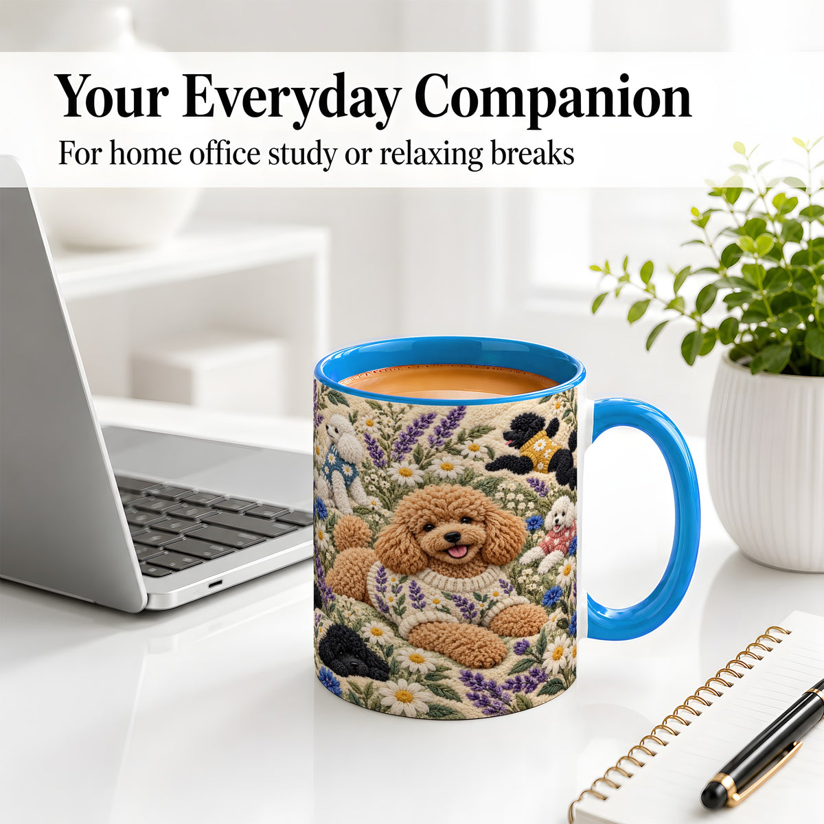 #pl[11oz|Blue] Poodle Floral Accent Mug, Ceramic Mug with Crochet Style Artwork