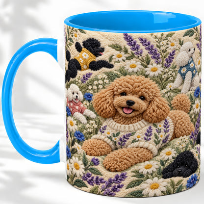 #pl[11oz|Blue] Poodle Floral Accent Mug, Ceramic Mug with Crochet Style Artwork