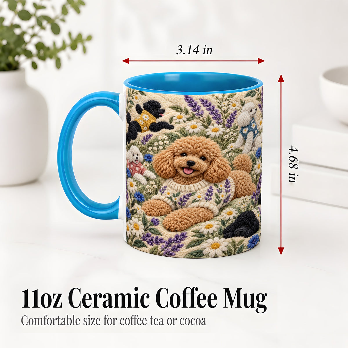 #pl[11oz|Blue] Poodle Floral Accent Mug, Ceramic Mug with Crochet Style Artwork