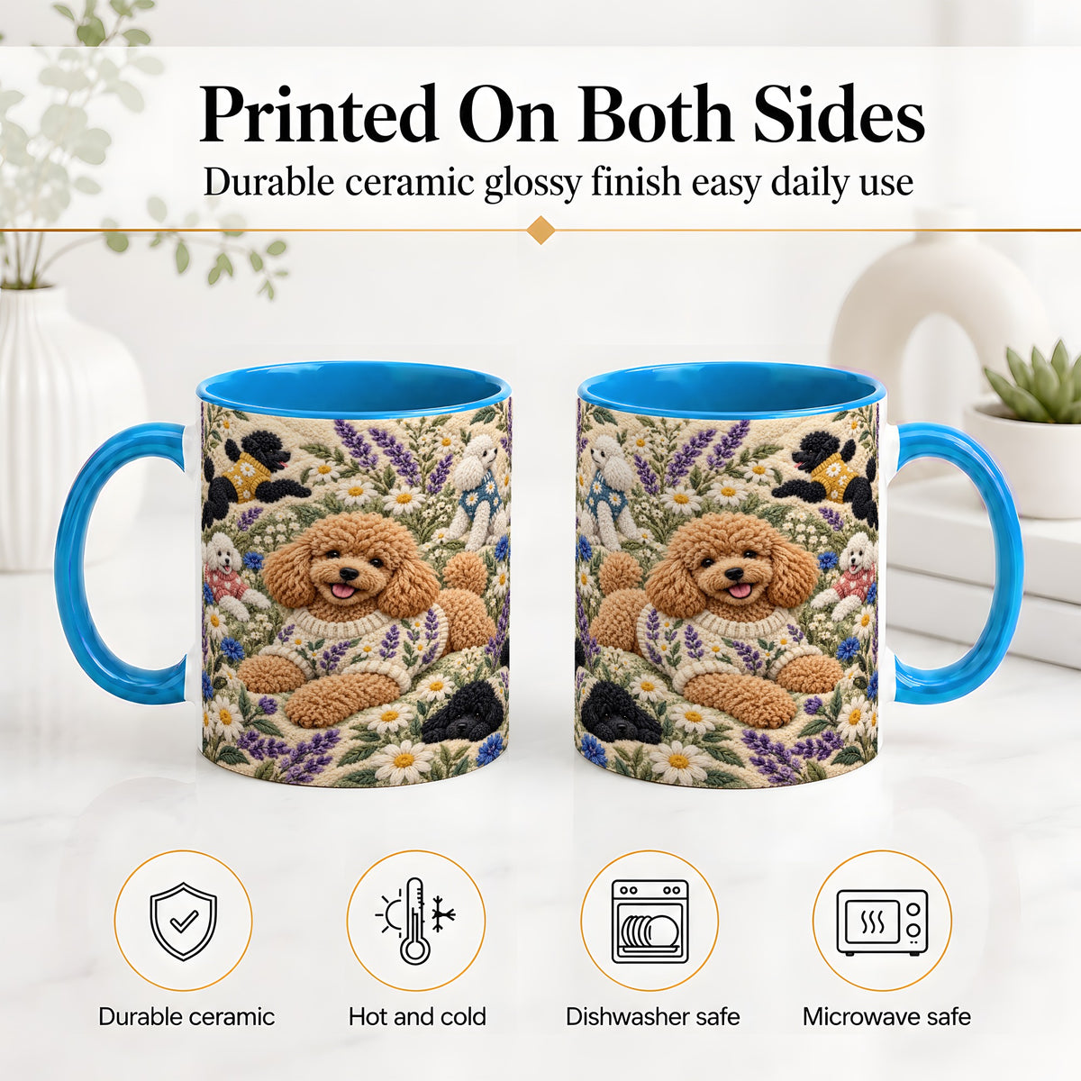 #pl[11oz|Blue] Poodle Floral Accent Mug, Ceramic Mug with Crochet Style Artwork
