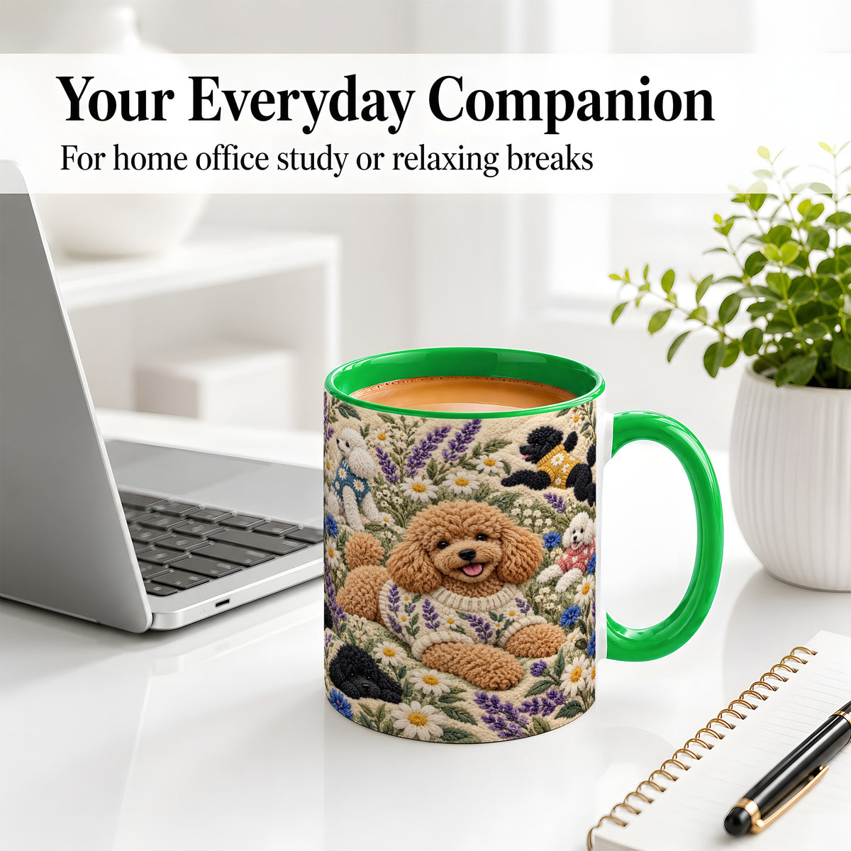 #pl[11oz|Green] Poodle Floral Accent Mug, Ceramic Mug with Crochet Style Artwork