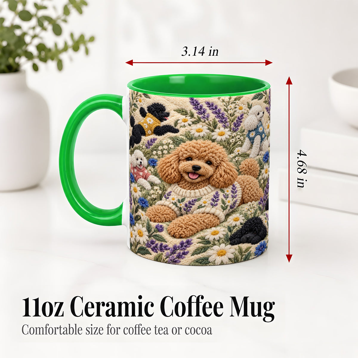 #pl[11oz|Green] Poodle Floral Accent Mug, Ceramic Mug with Crochet Style Artwork