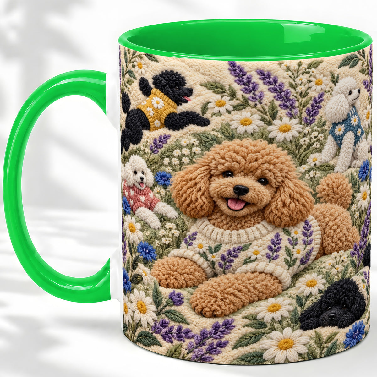 #pl[11oz|Green] Poodle Floral Accent Mug, Ceramic Mug with Crochet Style Artwork