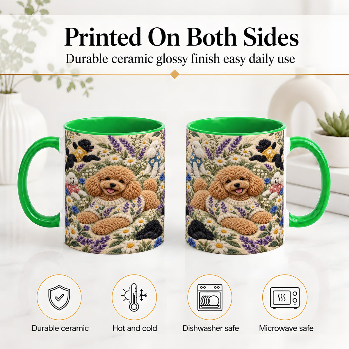 #pl[11oz|Green] Poodle Floral Accent Mug, Ceramic Mug with Crochet Style Artwork