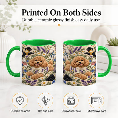 #pl[11oz|Green] Poodle Floral Accent Mug, Ceramic Mug with Crochet Style Artwork