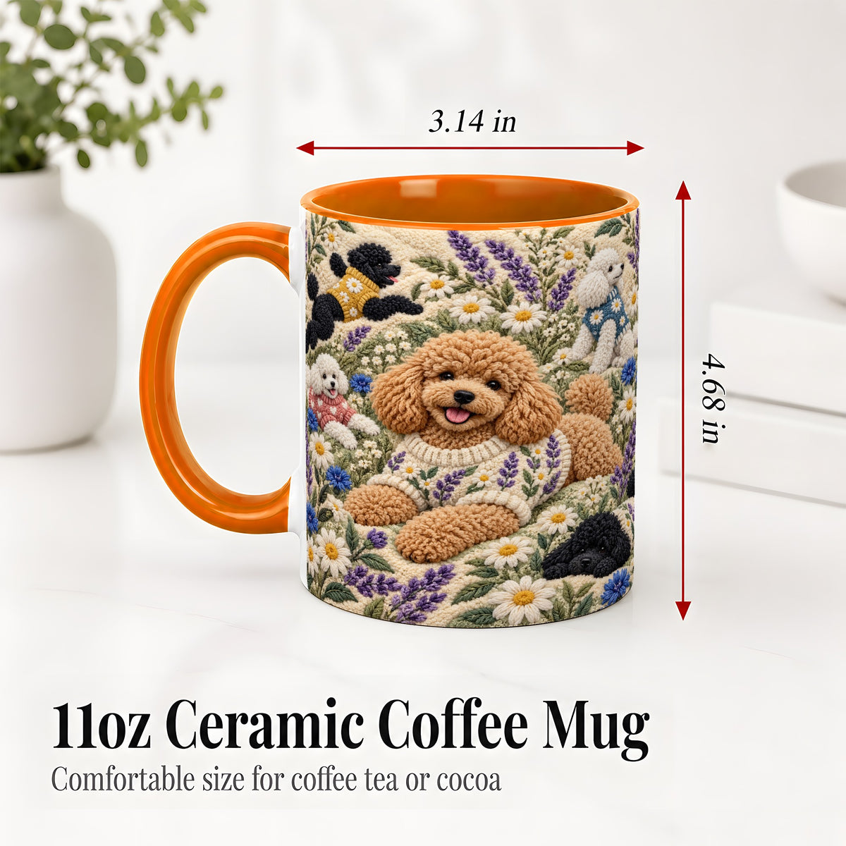 #pl[11oz|Orange] Poodle Floral Accent Mug, Ceramic Mug with Crochet Style Artwork