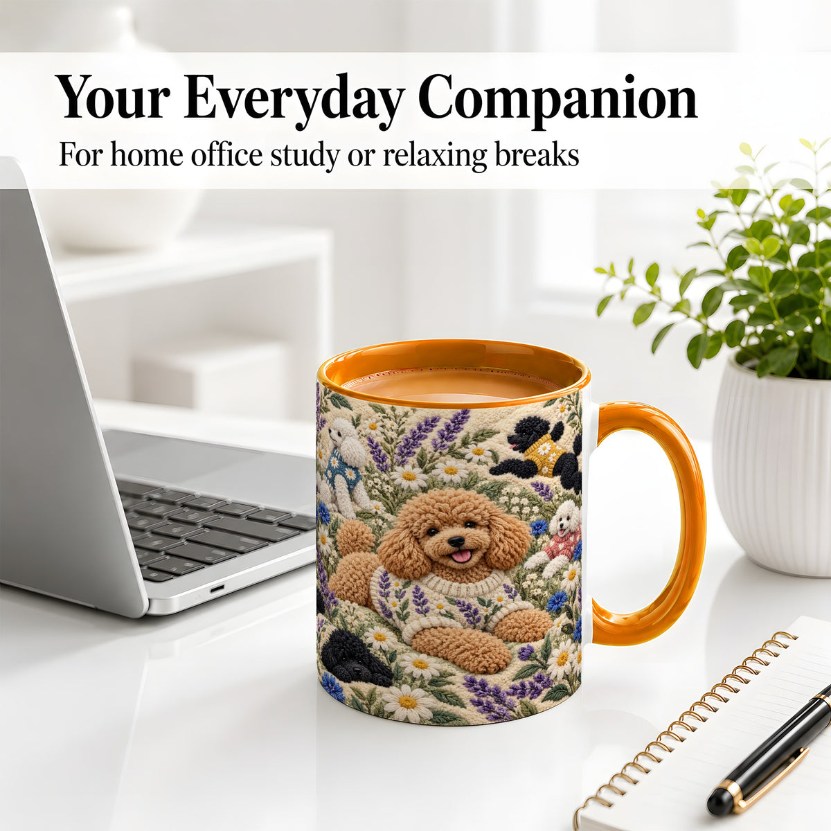 #pl[11oz|Orange] Poodle Floral Accent Mug, Ceramic Mug with Crochet Style Artwork