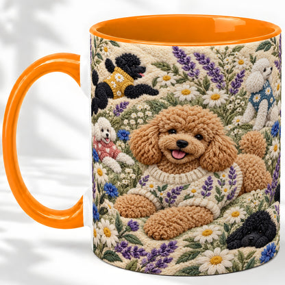 #pl[11oz|Orange] Poodle Floral Accent Mug, Ceramic Mug with Crochet Style Artwork
