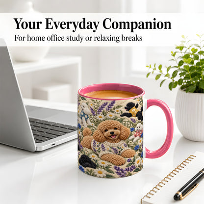 #pl[11oz|Pink] Poodle Floral Accent Mug, Ceramic Mug with Crochet Style Artwork