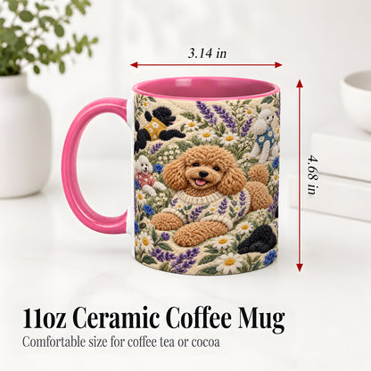 #pl[11oz|Pink] Poodle Floral Accent Mug, Ceramic Mug with Crochet Style Artwork