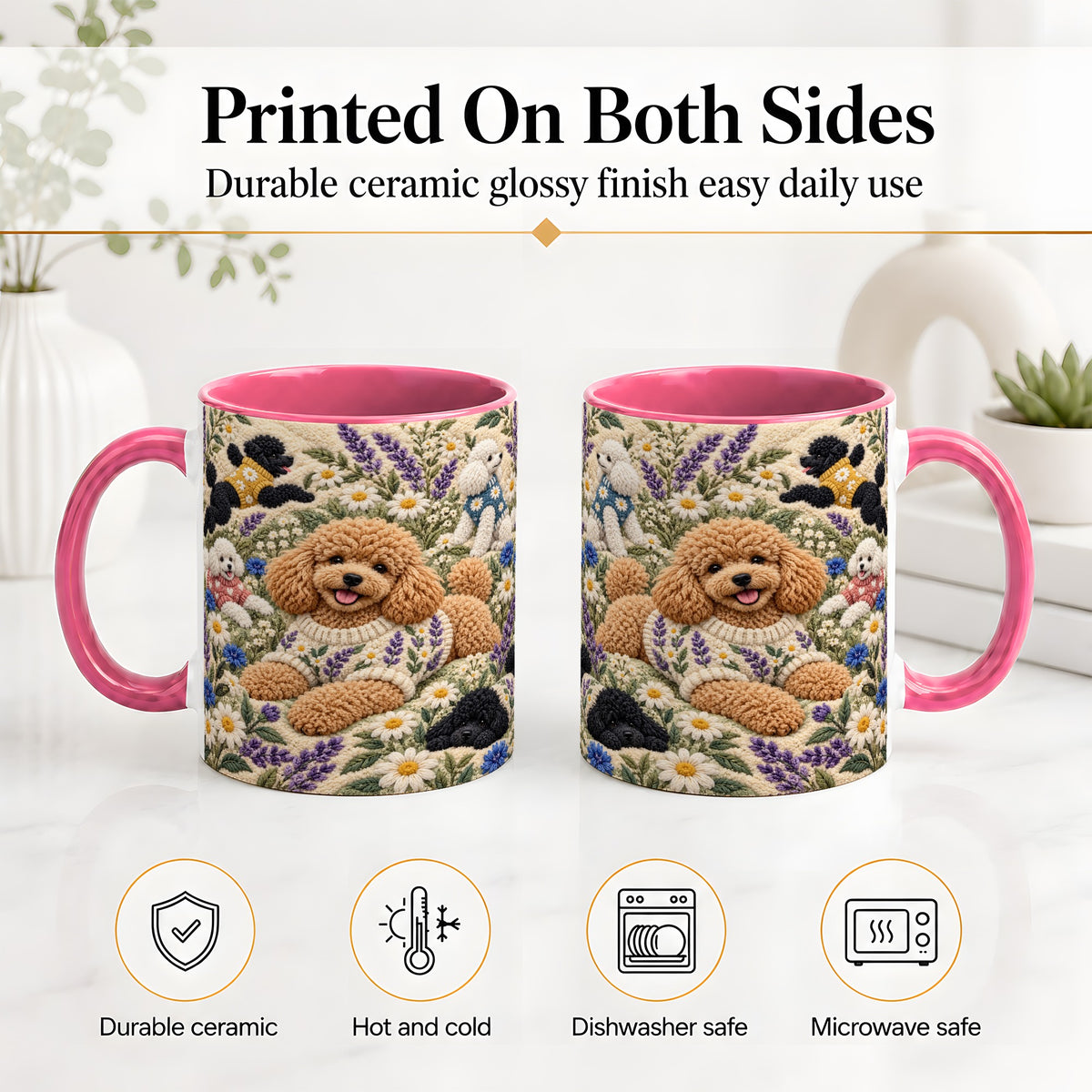 #pl[11oz|Pink] Poodle Floral Accent Mug, Ceramic Mug with Crochet Style Artwork
