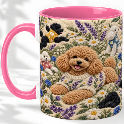 #pl[11oz|Pink] Poodle Floral Accent Mug, Ceramic Mug with Crochet Style Artwork