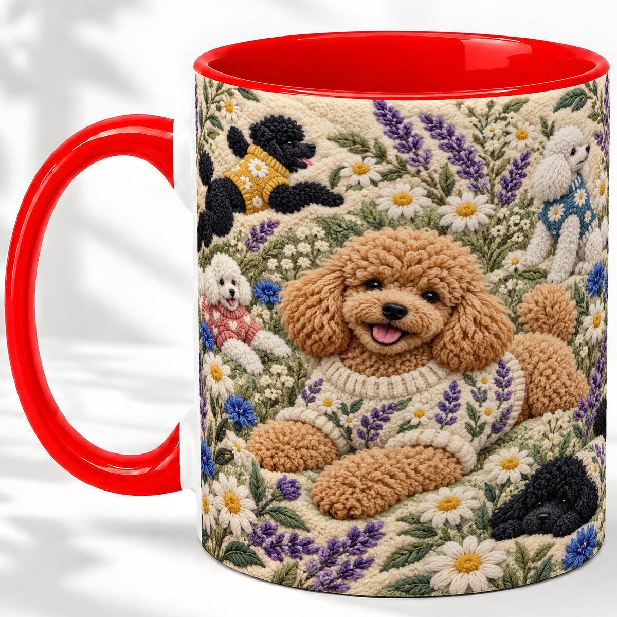 Poodle Floral Accent Mug, Ceramic Mug with Crochet Style Artwork