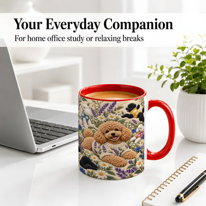 #pl[11oz|Red] Poodle Floral Accent Mug, Ceramic Mug with Crochet Style Artwork