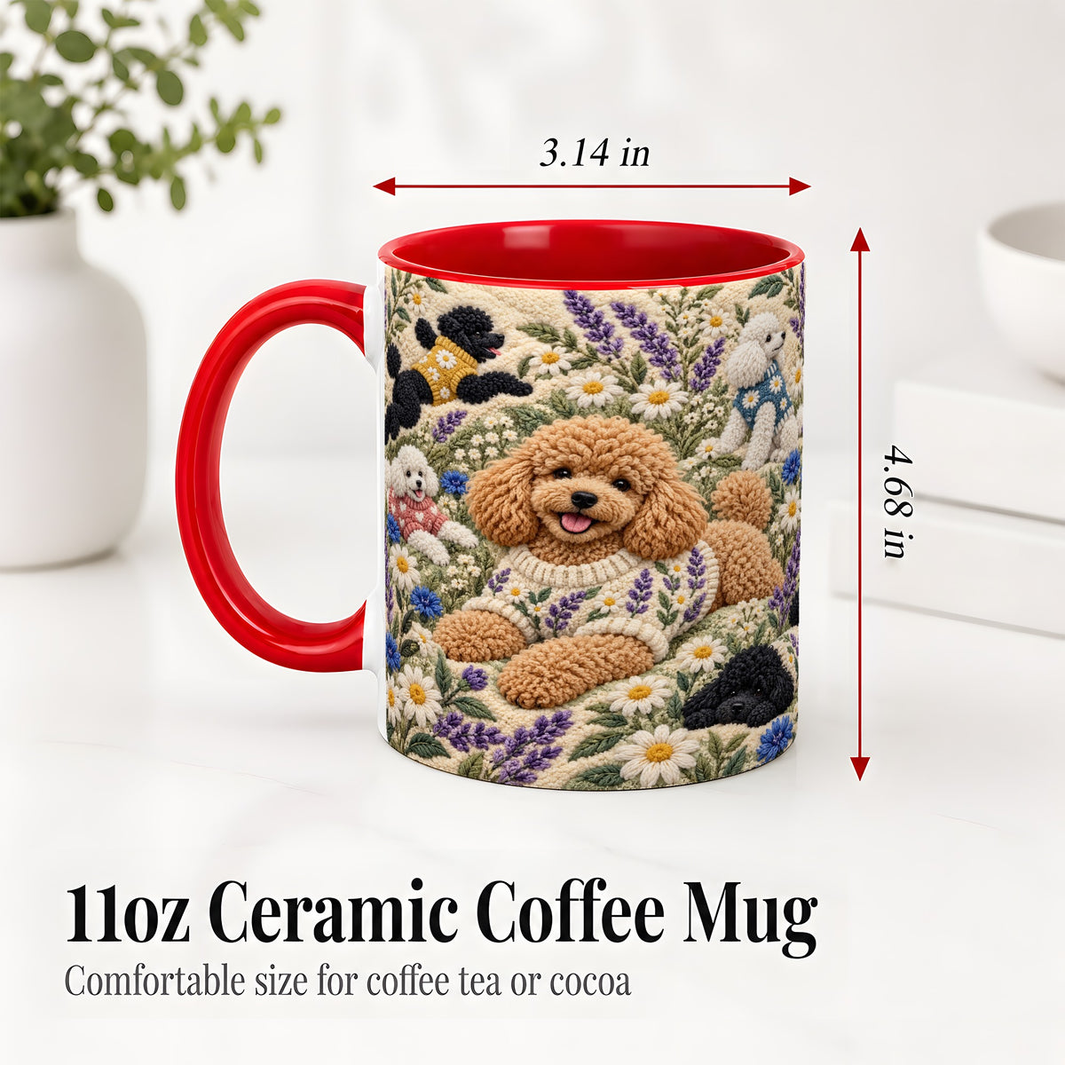 #pl[11oz|Red] Poodle Floral Accent Mug, Ceramic Mug with Crochet Style Artwork