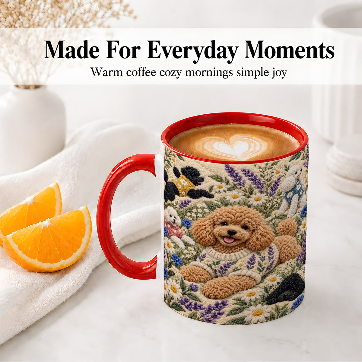 #pl[11oz|Red] Poodle Floral Accent Mug, Ceramic Mug with Crochet Style Artwork