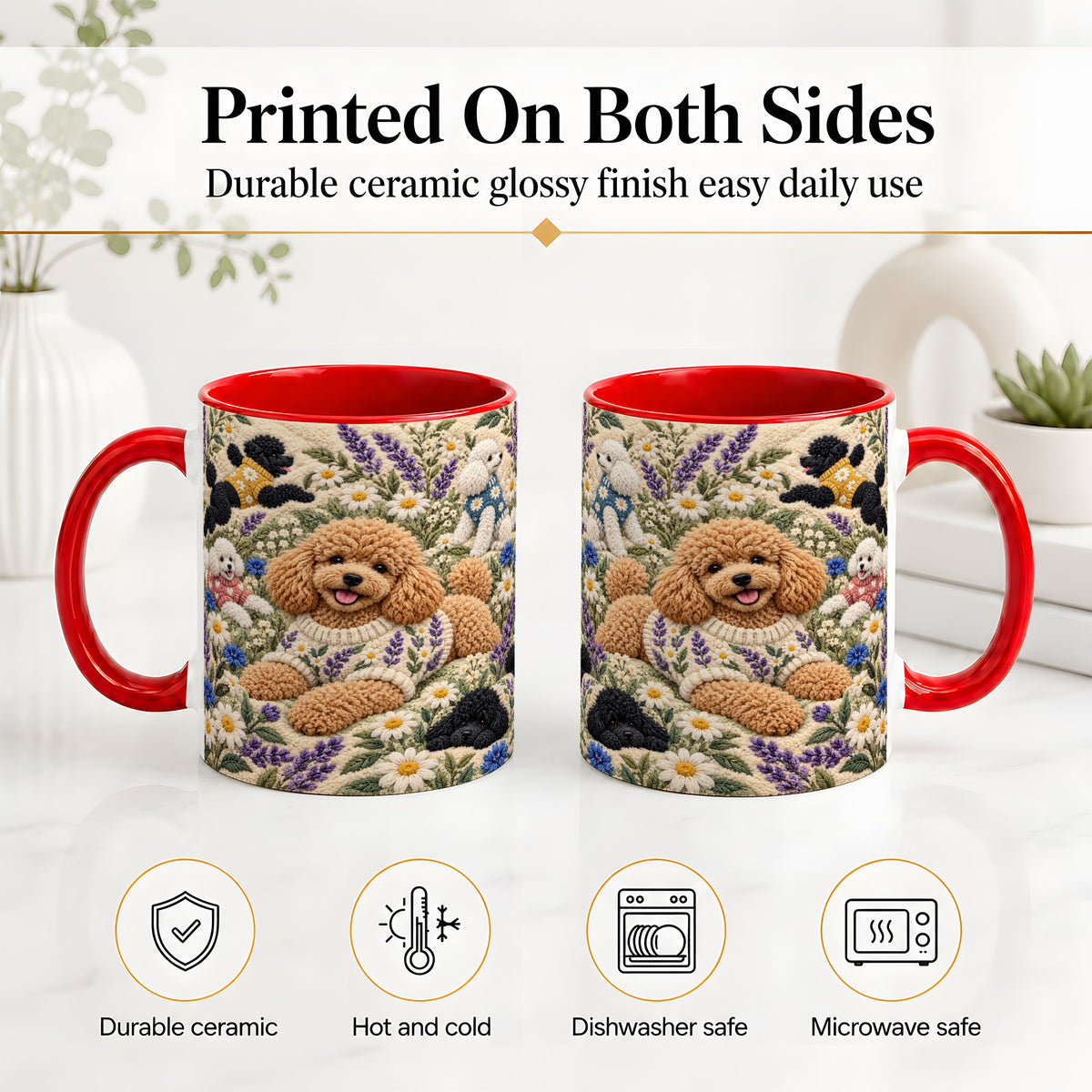 #pl[11oz|Red] Poodle Floral Accent Mug, Ceramic Mug with Crochet Style Artwork