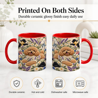 #pl[11oz|Red] Poodle Floral Accent Mug, Ceramic Mug with Crochet Style Artwork