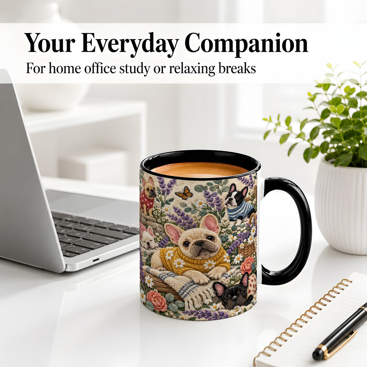 #pl[11oz|Black] French Bulldog Accent Mug, Ceramic Mug with Floral Dog Artwork